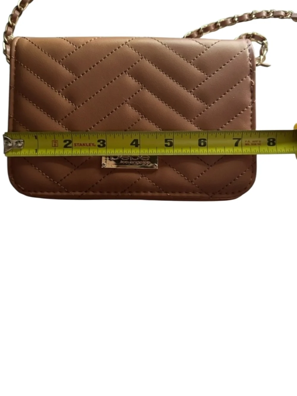 Bebe Sophia Quilted Chevron Flap Wallet Crossbody Bag Taupe Gold Chain New